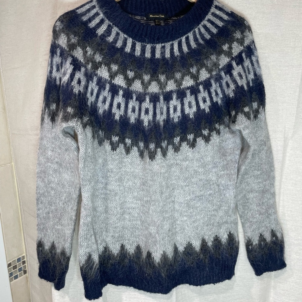 Massimo Dutti Blue and Gray Patterned Crewneck Sweater